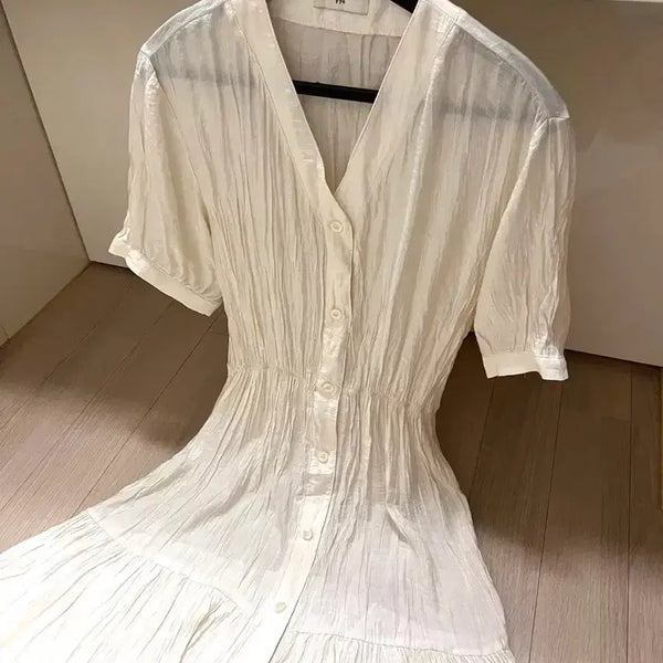 [BUNJANG] FRE V-Neck Wrinkle Long Shirt Dress Ivory / 프레 fre 노카라 브이넥 링클 롱 셔츠원피스 아이보리 쭈글이 여름 로브 가디건 레이어드