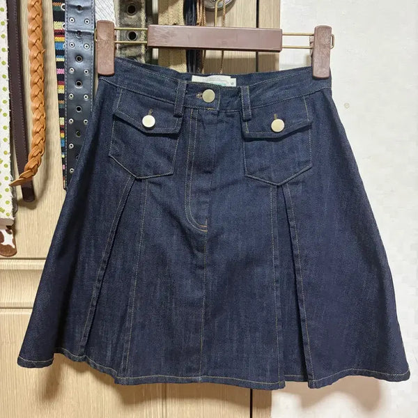 [BUNJANG] Dark Wash Flare Pleats Pocket Denim Skirt / 생지 진청 플레어 플리츠 포켓 데님 스커트