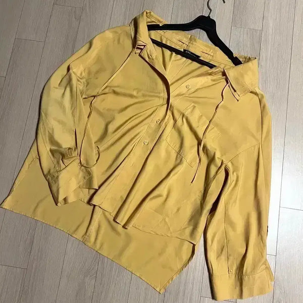 [BUNJANG] Jepyeong ANY Shirring Blouse Mustard Yellow / 제평 애니 ANY 셔링 차르르 블라우스 머스타드 옐로우 노랑 노란색 루즈핏 찰랑 셔츠 자켓 가디건
