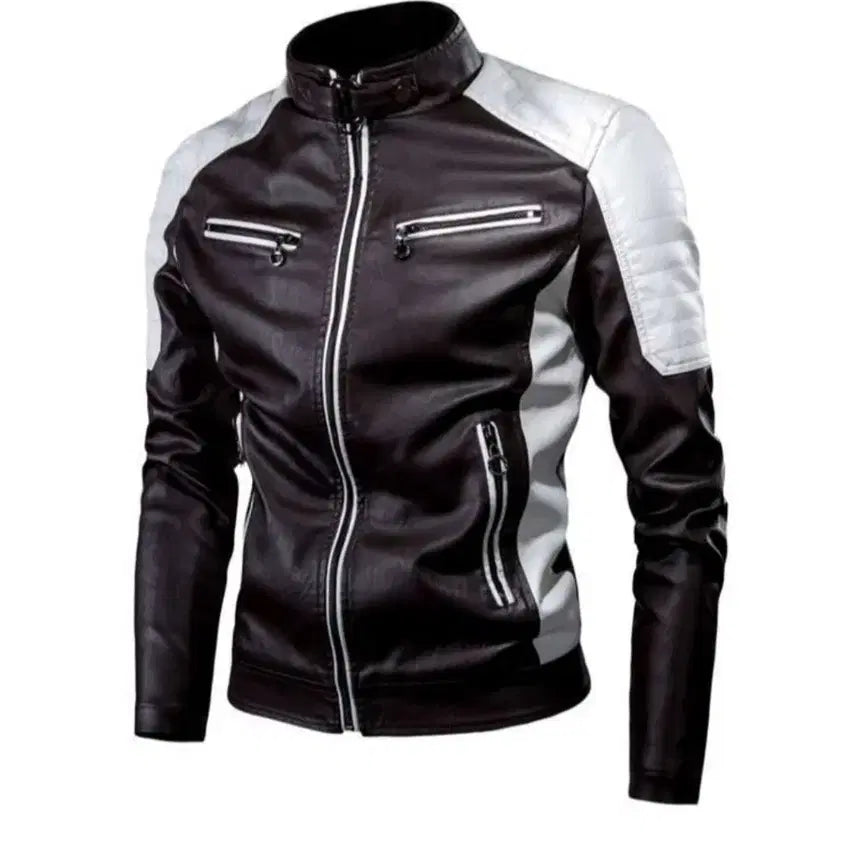 [BUNJANG] Shaweigi Men's Stand Collar Rider Leather Jacket (2XL) - Black & White Color Block PU Biker Jumper / 블랙과 화이트 배색 디자인의 남성용 스탠드 칼라 라이더 가죽 자켓(2XL)Shaweigi 브랜드 등의 택이 달린 인조 가죽(PU) 소재의 바이커 점퍼로, 가슴과 옆구리 부분의 지