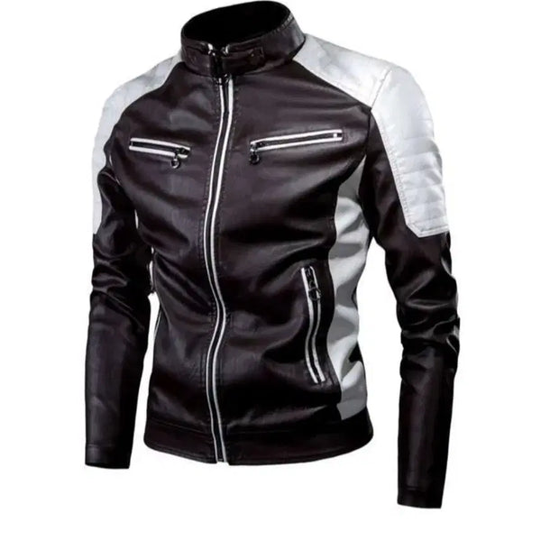 [BUNJANG] Shaweigi Men's Stand Collar Rider Leather Jacket (2XL) - Black & White Color Block PU Biker Jumper / 블랙과 화이트 배색 디자인의 남성용 스탠드 칼라 라이더 가죽 자켓(2XL)Shaweigi 브랜드 등의 택이 달린 인조 가죽(PU) 소재의 바이커 점퍼로, 가슴과 옆구리 부분의 지
