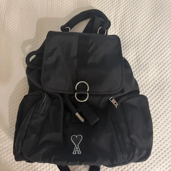 [BUNJANG] AMI Heart Logo Black Nylon Backpack A21A121 / AMI 하트 로고 블랙 나일론 백팩 아미 A21A121