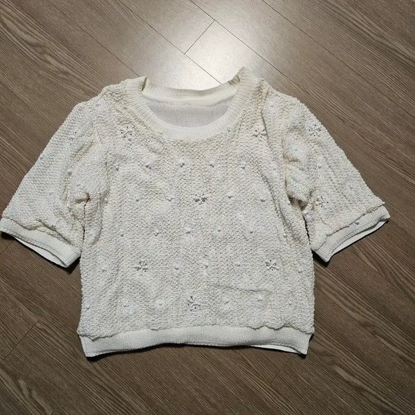 [BUNJANG] Women's Lace Knit Short Sleeve Top / 여성 레이스 니트 반팔