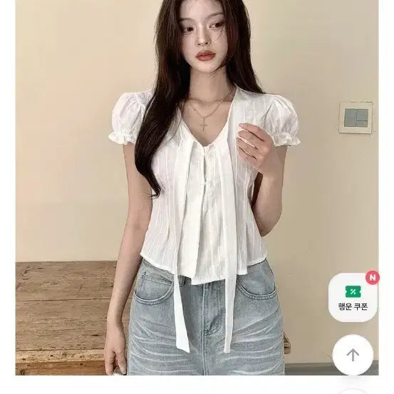 [BUNJANG] Tie Neck Short Sleeve Summer Blouse / 타이 리본 반팔 여름 블라우스