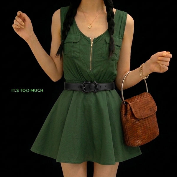 [BUNJANG] Women's Olive Green Mini Dress with Short Sleeves and Spaghetti Straps / Q1336 여성올리브그린원피스 여름미니원피스 여자원피스 반팔원피스 끈나시원피스