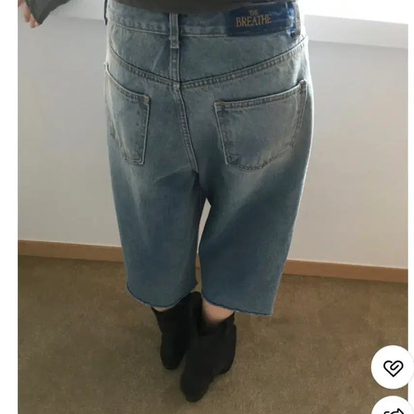 [BUNJANG] BREATHE String Denim Pants Bermuda Fit Cut-off Hem / 브리드 스트링 데님 팬츠 일자핏 밑단 컷팅 중청 데님 청 6부 반바지 새상품