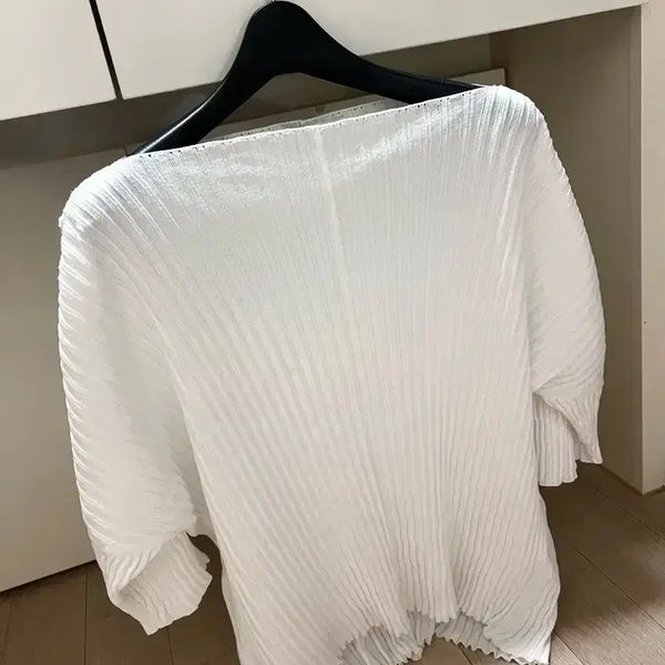 [BUNJANG] DEWL Pleated Knit Blouse - White / 듀엘 DEWL 플리츠 니트 블라우스 화이트 입술넥 보트넥 여름 반팔 5부 골지티셔츠