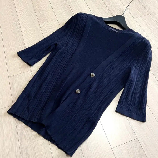 [BUNJANG] SYSTEM Ribbed Layered Cool Knit Top Navy / 한섬 시스템 SYSTEM 골지 레이어드 쿨 니트 탑 네이비 가디건 앙상블 투피스느낌 반팔 5부 봄여름