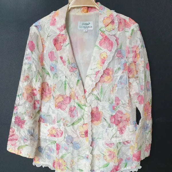 [BUNJANG] Crocodile Floral Lace See-through Blouse 95 / 진짜만원 크로커다일 마자켓 화사한레이스 시스루 여름 95 꽃무늬