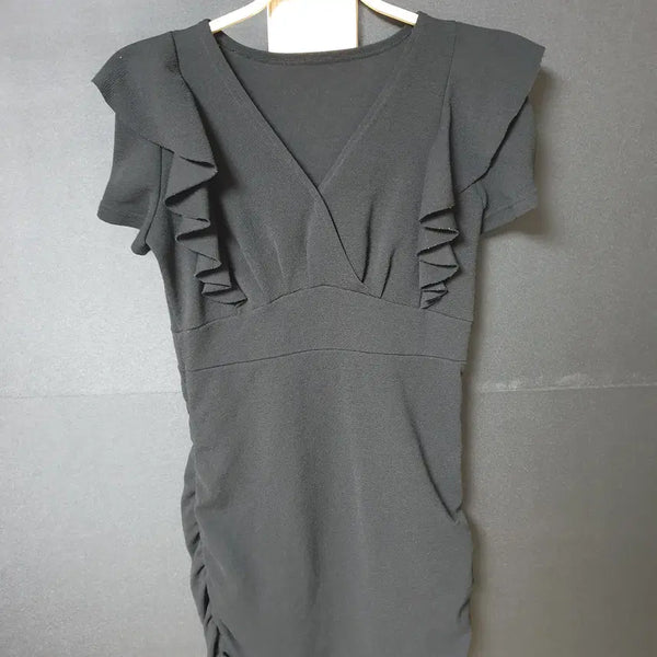 [BUNJANG] Wrap Style Mini Dress with Frills and Side Shirring / 진짜만원 스판 미니원피스 랩스타일 반팔 55 66 프릴 옆셔링