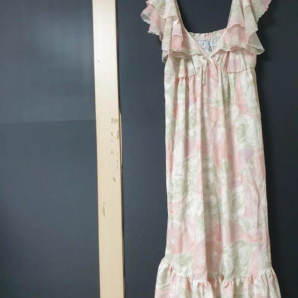 [BUNJANG] Yoru Chiffon Shirring V-Neck Long Dress / 진짜만원 엘프 롱원피스 55 66 핑크그린