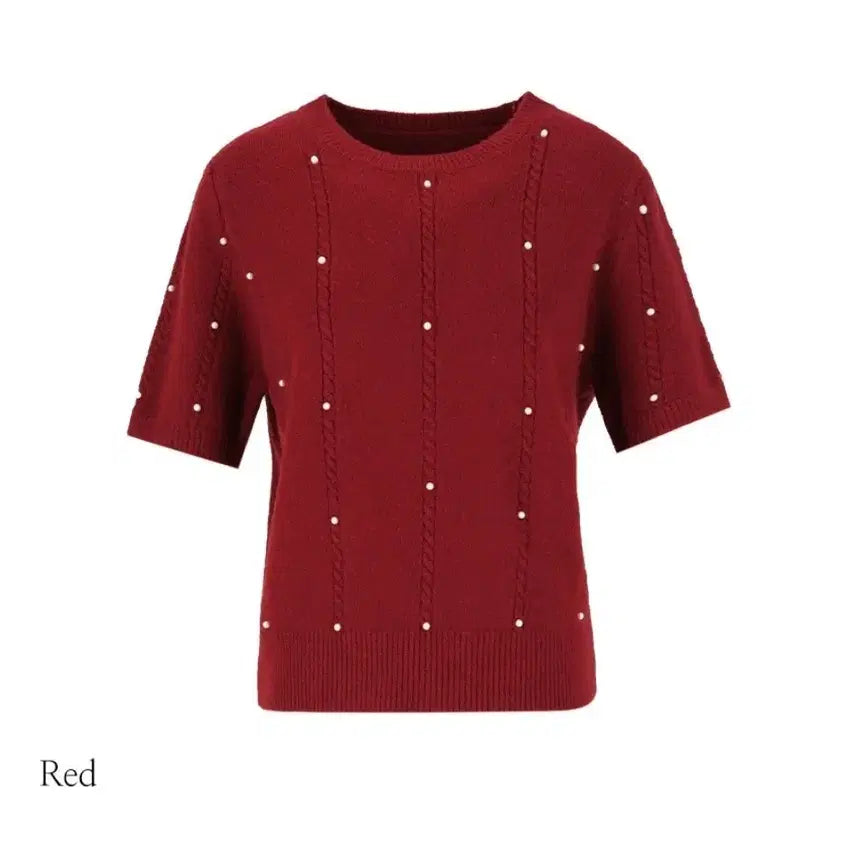 [BUNJANG] Pearl Embellished Short Sleeve Knit Top / 진주 장식 빨간색 반팔 니트