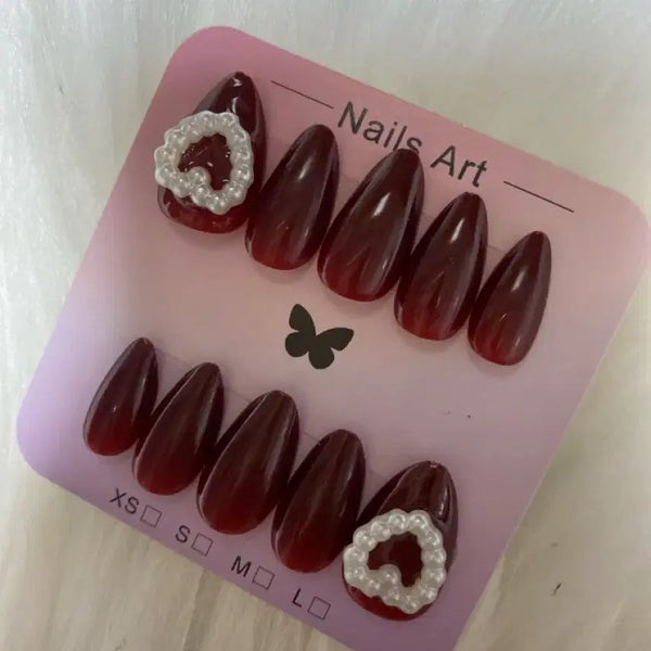 [BUNJANG] Handmade Burgundy Heart Pearl Nail Tips / 수제네일팁