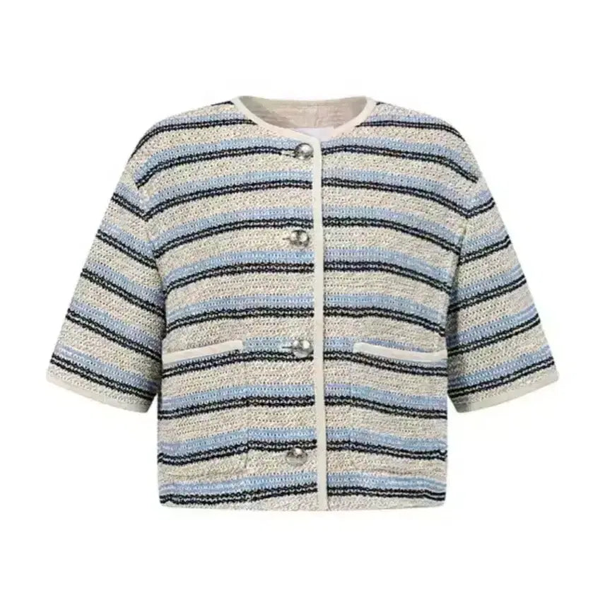 [BUNJANG] VOV 22SS Striped Crochet Tweed Short Sleeve Jacket / 보브 VOV 22년 스트라이프 크로셰 트위드 반팔 자켓 여름 노카라 하객룩