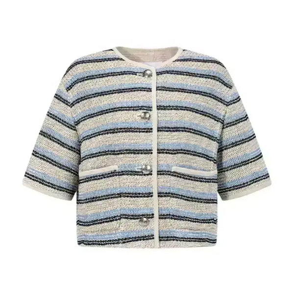 [BUNJANG] VOV 22SS Striped Crochet Tweed Short Sleeve Jacket / 보브 VOV 22년 스트라이프 크로셰 트위드 반팔 자켓 여름 노카라 하객룩