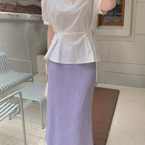 [BUNJANG] The Bom Purple Wrinkle Skirt & White Side Ribbon Blouse Set / (세트)연보라 링클 스커트&화이트 옆리본 블라우스