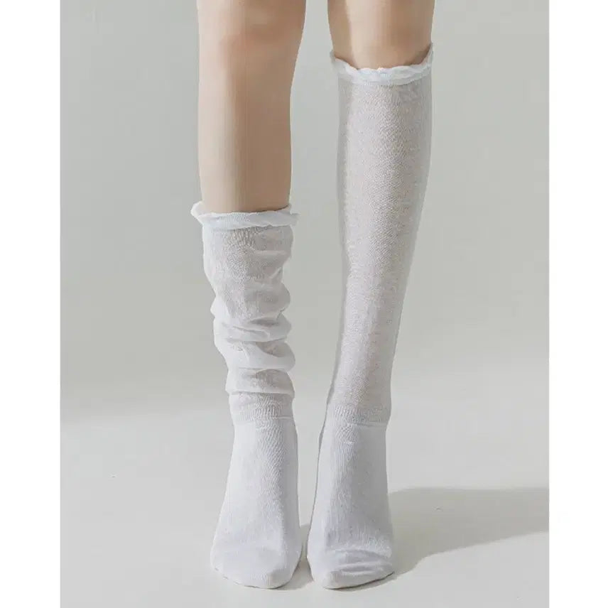 [BUNJANG] Sheer Shirring Layered Knee Socks (White/Black) / 시스루 셔링 레이어드 니삭스 (화이트/블랙)