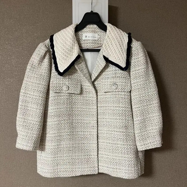 [BUNJANG] It MICHAA Tweed Short Jacket with Knit Collar / 21년 잇미샤 니트카라 퍼프 반팔 트위드 숏자켓 5부 7부 베이지 하객룩 출근룩