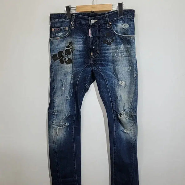 [BUNJANG] DSQUARED2 Men's Flower Patch Tidy Biker Jeans (Size 48, fits 32) / (32) 디스퀘어드 청바지 플라워 패치 타이디바이커진 S71LA0635