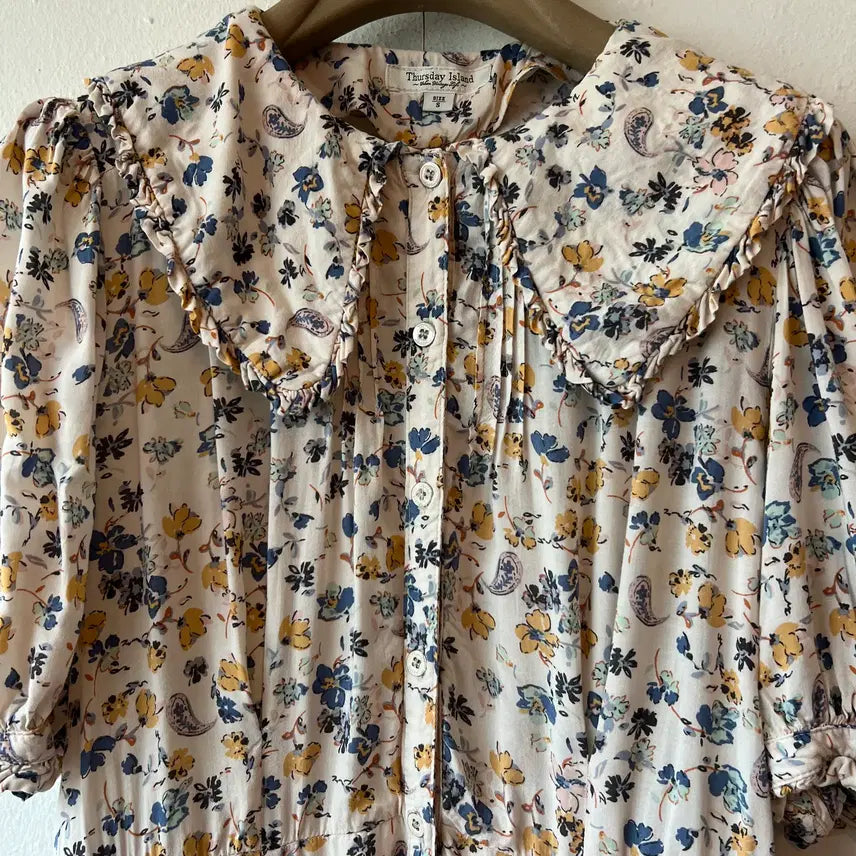 [BUNJANG] Thursday Island Women's Cream Beige Floral Print Short-Sleeve Dress / 써스데이아일랜드 여성 크림베이지 플라워원피스 카라반팔원피스 S