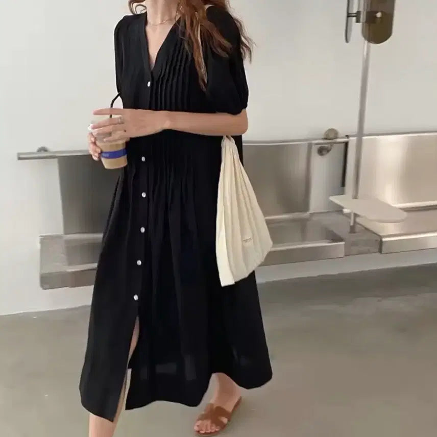 [BUNJANG] Puff Sleeve V-Neck Shirring Long Dress / 소매 퍼프 단추 브이넥 셔링 롱원피스 여름 체형보정 프리사이즈