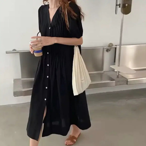 [BUNJANG] Puff Sleeve V-Neck Shirring Long Dress / 소매 퍼프 단추 브이넥 셔링 롱원피스 여름 체형보정 프리사이즈