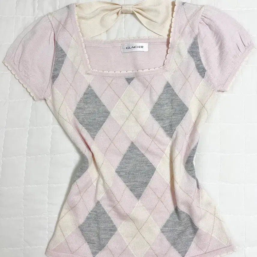 [BUNJANG] Glacier Argyle Ribbon Knit Top / 글래시어 glacier 아가일 리본 니트 로걀 로걀탑 히메갸루 히메카지 빈티지