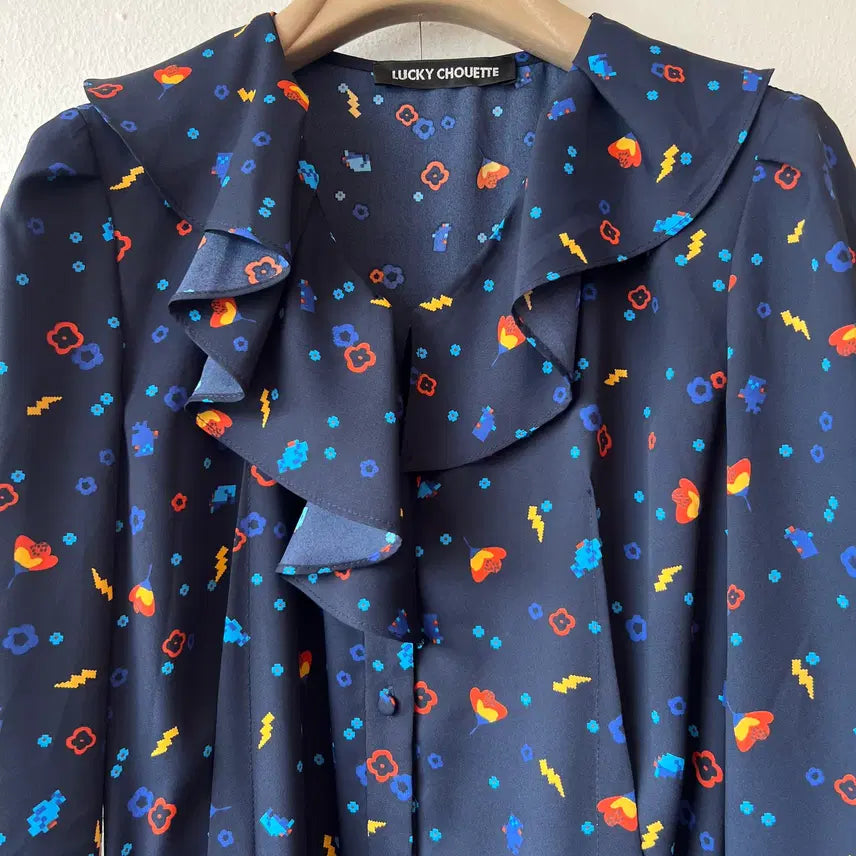 [BUNJANG] LUCKY CHOUETTE Women's Navy Unbalanced Ruffle Chiffon Dress / 럭키슈에뜨 여성 네이비 언밸런스 러플원피스 쉬폰원피스