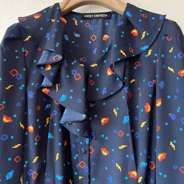[BUNJANG] LUCKY CHOUETTE Women's Navy Unbalanced Ruffle Chiffon Dress / 럭키슈에뜨 여성 네이비 언밸런스 러플원피스 쉬폰원피스