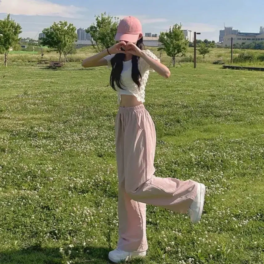 [BUNJANG] Morefit Crunch Wide Fit Bending Pants Nylon Pink / 모어핏 크런치와이드핏밴딩팬츠 모어핏팬츠 핑크팬츠 나이론팬츠 모어핏와이드팬츠 분홍팬츠
