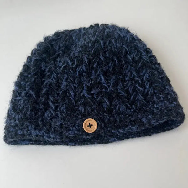 [BUNJANG] Navy Knit Beanie with Wooden Button Detail / 네이비 니트 비니