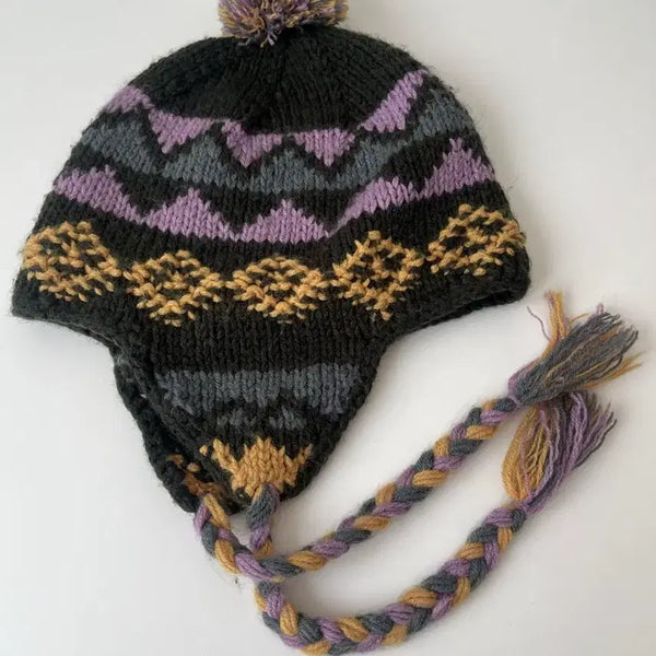 [BUNJANG] Patterned Winter Hat with Ear Flaps and Pom Pom / 패턴 귀달이 털모자