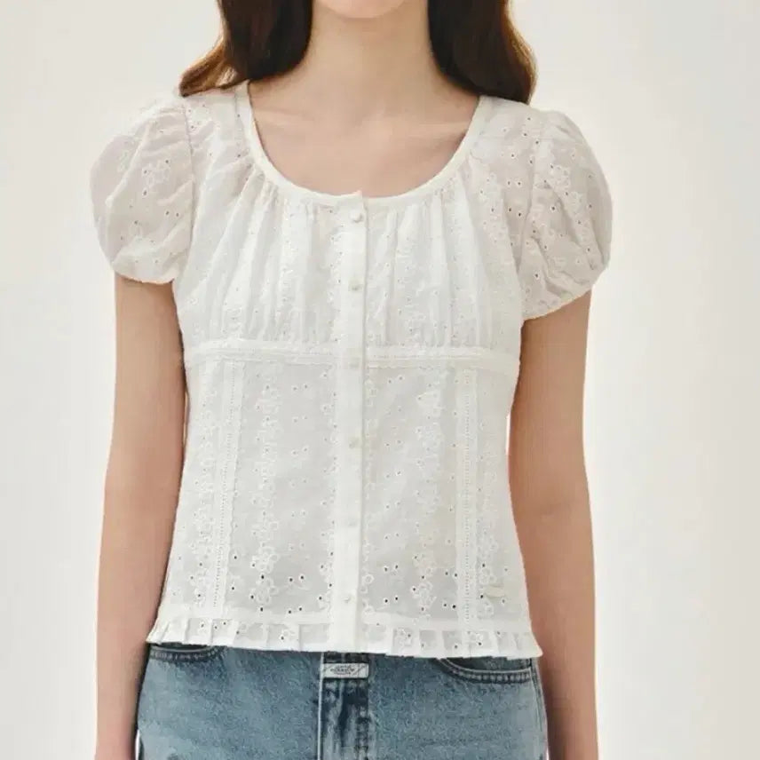[BUNJANG] Marithe Puff Lace Blouse (White, Size S) / 마리떼 퍼프 레이스 블라우스 s
