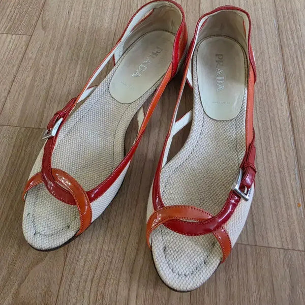 [BUNJANG] Prada Canvas & Patent Leather Trim Sandals - Orange/Red (Size 35.5 / 230) / 프라다 샌들 35 1/2 (230)