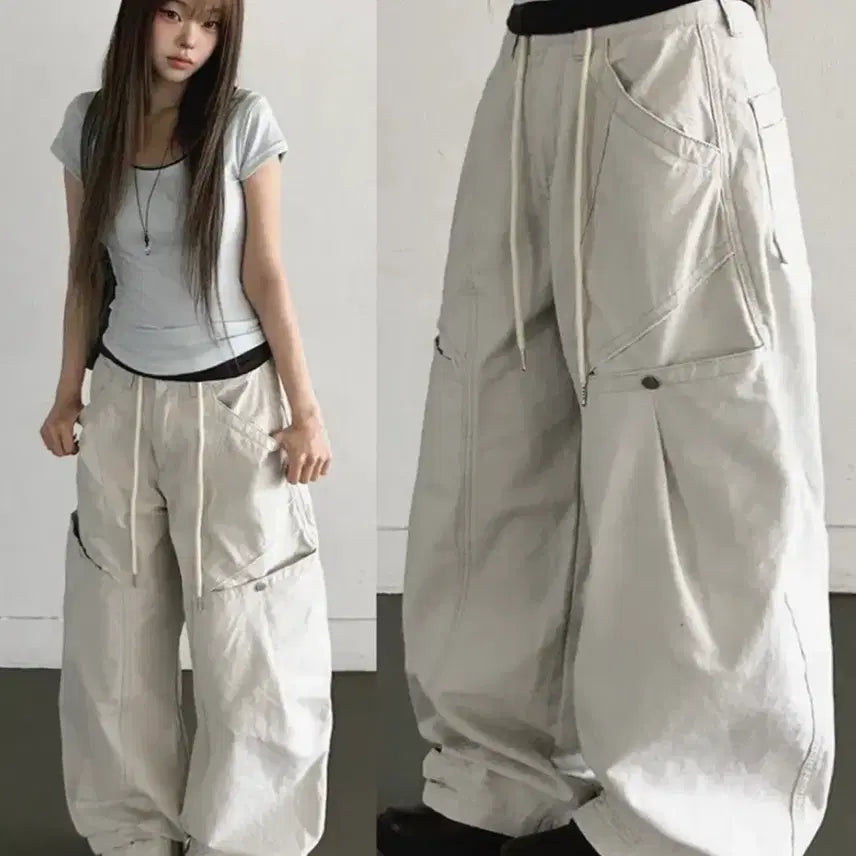 [BUNJANG] KISHI Button Pocket Balloon Wide Cotton Pants Light Grey / 에이블리 키시 무셋 절개 버튼 포켓 벌룬 와이드 코튼 팬츠 라이트 그레이