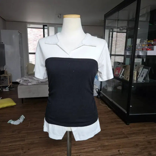 [BUNJANG] Open Collar Short Sleeve T-Shirt (Size 66-77) / 66-77사이즈 오픈카라반팔