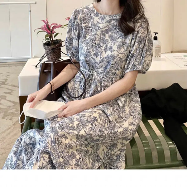 [BUNJANG] Floral Print Short Sleeve Long Dress / 반팔 꽃무늬 원피스 (임산부가능)