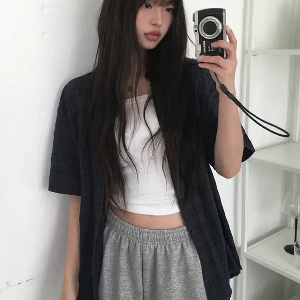 [BUNJANG] Anvone More Marett Summer Linen Check Oversized Short Sleeve Shirt / 애니원모어 마렛 여름 린넨 체크 오버핏 반팔 셔츠