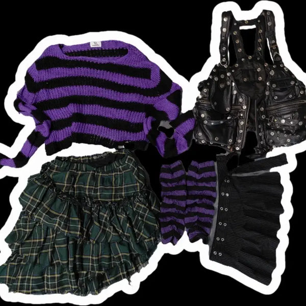 [BUNJANG] Hell Cat Punks Japanese Vintage Punk Gothic Coord Set / 헬캣 펑크 코디세트 무료배송 일본 빈티지 지뢰계 고스 가죽조끼 니트 캉캉치마 Hell Cat Punks