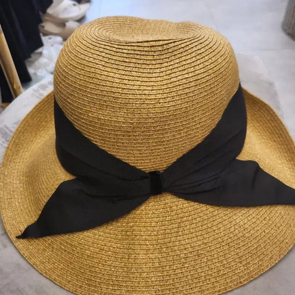 [BUNJANG] Straw Hat with Black Ribbon Accent / 밀짚모자 검정 리본 포인트