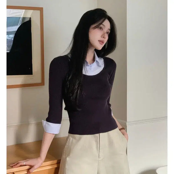 [BUNJANG] Slowand Say Shirt Layering Knit Roundneck Navy / 슬로우앤드 세이 셔츠엔 레이어링 니트 라운드넥 네이비