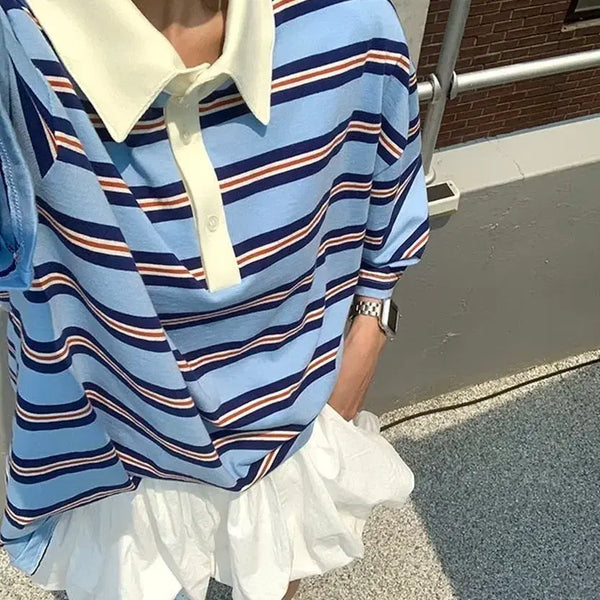 [BUNJANG] High-Quality Striped Collar Short-Sleeve T-Shirt / 새상품) 고퀄리티 스트라이프 카라 반팔티 2컬러