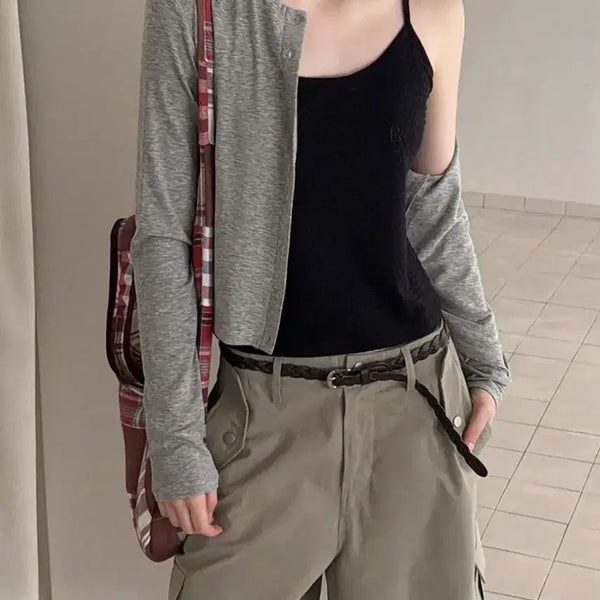 [BUNJANG] Badele Merien Summer Cardigan Grey Ribbed Knit / 베이델리 메리안 썸머 가디건 그레이 골지