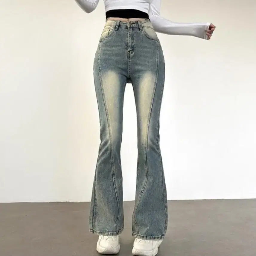 [BUNJANG] High-Waisted Cutline Vintage Wash Bootcut Denim Pants / [숏]하이웨스트 절개라인 빈티지 워싱 부츠컷 데님팬츠