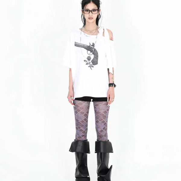 [BUNJANG] Darling Your Bad Ribbon Rose Pistol Tee White / 달링유어배드 리본 로즈 피스톨 티 화이트