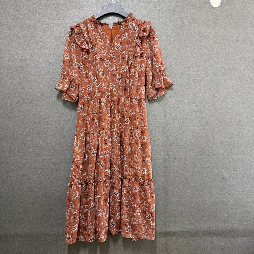[BUNJANG] O.A.RO Women's Chiffon Flower Frill Short Sleeve Dress Brown BO2500 / O.A.RO 여성 90 쉬폰 플라워 프릴 반팔 원피스 브라운 BO2500
