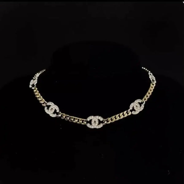 [BUNJANG] Chanel Cubic Logo Necklace - Gold and Silver Tone / 샤넬 목걸이 큐빅 로고 금장 은장 콤비