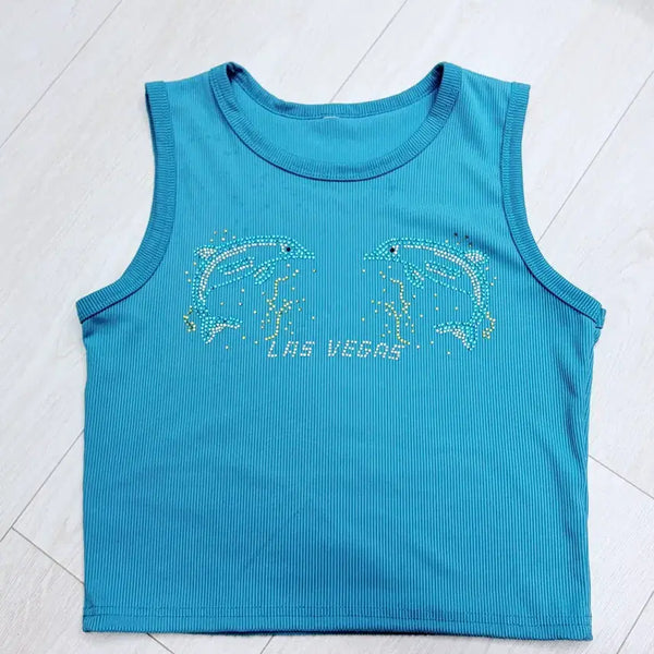 [BUNJANG] Dolphin Cubic Vegas Sleeveless Top Blue / 돌고래 큐빅 라스베가스 민소매 나시 블루