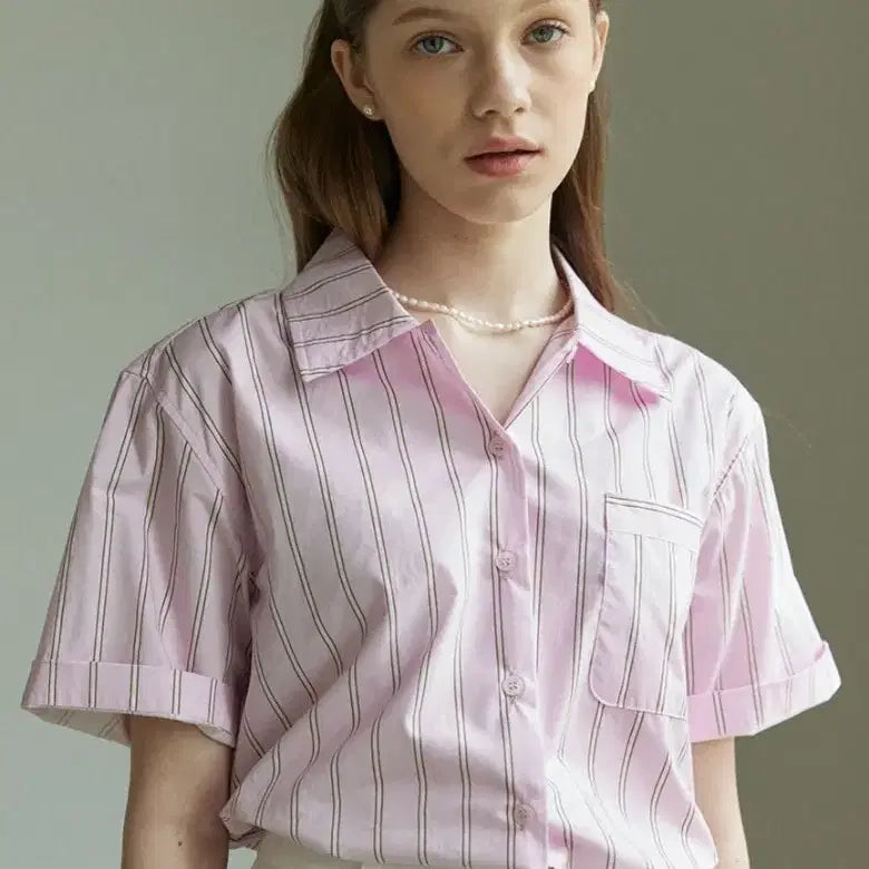 [BUNJANG] Ourhope Marge Stripe Collar Short Sleeve Shirt (Pink) / 아워호프 Marge stripe shirt 스트라이프 카라 반팔 셔츠 (핑크)