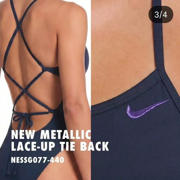 [BUNJANG] Nike Swim Metallic Solid Lace-up Tie Back High-Cut One-Piece Swimsuit / 나이키스스윔수영복 메탈릭 솔리드 레이스업 타이백 하이컷 미드나잇네이비 30